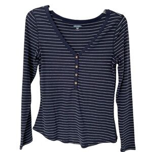 Small Old Navy Slim Fit Long Sleeve V Neck Striped Knit Top Navy and White